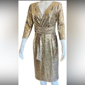 Calvin Klein sz 16 Gold V-Neck Sequin Mesh Dress 3/4 Sleeve Sheath Cocktail